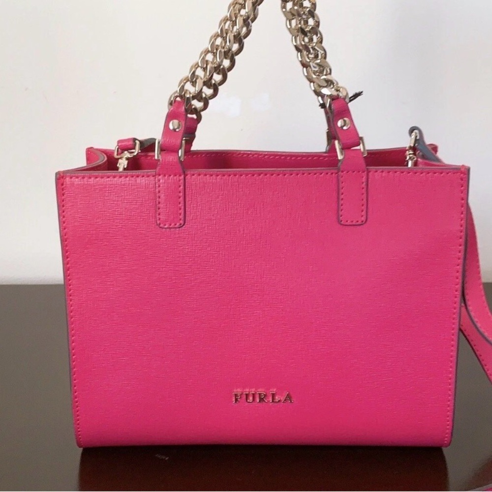 Furla Hot Pink Saffiano Leather Tote with Gold Chain - Picture 9 of 12